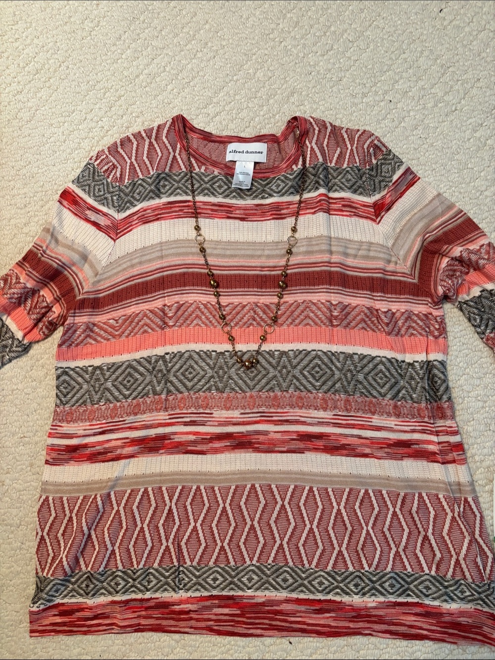 Alfred Dunner Multistripe Short Sleeve Knit Top in Coral, Gray, Cream